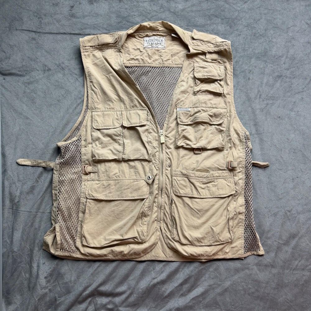 Weekender Traveler Vest Mens XL Khaki Fishing Utility Mesh Cargo Multi-Pocket
